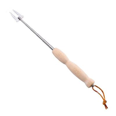 China High Quality Outdoor BBQ Tool Wooden Handle Stainless Steel Camping Retractable BBQ Fork Easily Cleaned for sale