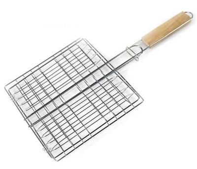 China Stainless Steel BBQ Mesh Wooden Handle Square BBQ Basket Easily Cleaned Outdoor Tool for sale