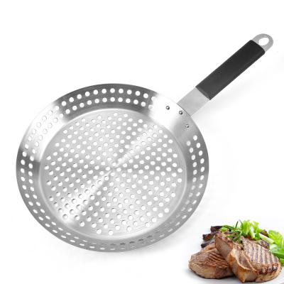 China Hot Sale Stainless Steel BBQ Grill Accessories Portable Easily Cleaned Tray Vegetable Wok Round Pan Kitchen Tools for sale