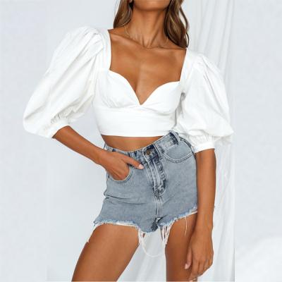 China MENGMUGE New Fashion Breathable Women Low Cut Top Casual Blouses Mini Short Sleeve Crop V-neck Bubble Tops for sale