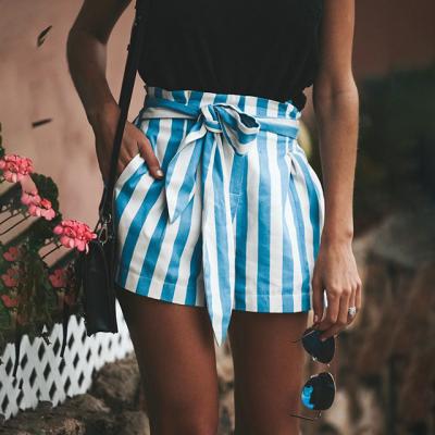 China MENGMUGE Breathable Lady Wear Wholesale New Fashion Casual Ladies Shorts High Waist Striped Loose Shorts With Belt Women's Shorts for sale