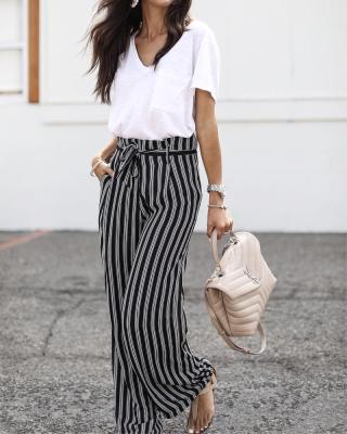 China MENGMUGE Breathable Loose Fit Wide Leg Pants Trousers Stripe Print Bow Casual Long Pants for sale