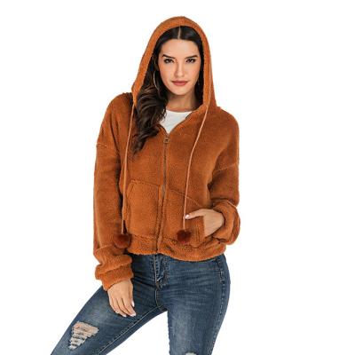 China MENGMUGE Autumn Winter Women's Breathable Caramel Fleece Customized Casual Jacket Pockets Zippers Drawstring Hooded Coats for sale