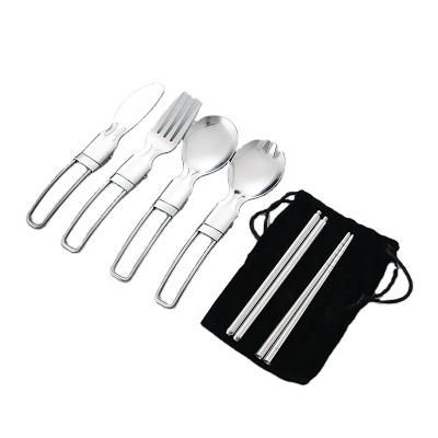 China Sustainable New outdoor 304 stainless steel foldable tableware set Spoon chopsticks fork Camping picnic travel portable foldable for sale