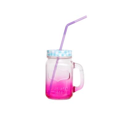 China Stocked Wide Mouth Colored 16 Ounce Drinks Glass Mason Jar With Handle And Iced Straw for sale