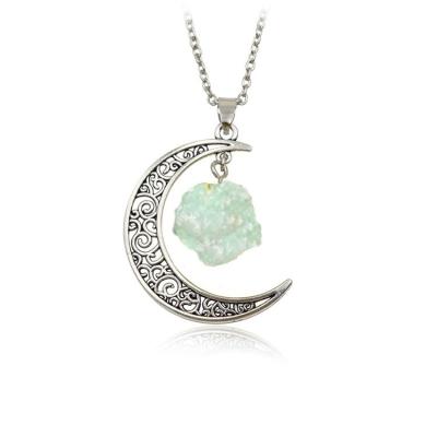 China New Design Fashion Jewelry Hot Selling Fashion Jewelry Metal Moon Antique Silver Necklace Natural Crystal Stones Antique Bronze Sweater Necklace for sale