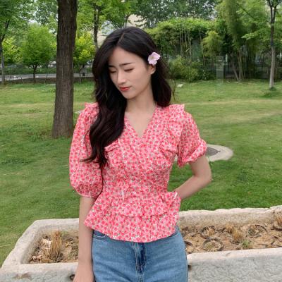 China High Quality Anti-wrinkle New Long Sleeve Cropped Ruffle V-Neck Ladies Chiffon Top Shirt for sale