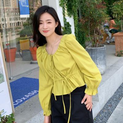 China Hot Selling Anti-wrinkle New Long Sleeve Cropped Puff Sleeve V-Neck Ladies Chiffon Top Shirt for sale