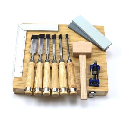 China Carving 11pcs Wood Working Chisel Set with Angle Square Oil Stone and Honing Guide in Wooden Case for sale