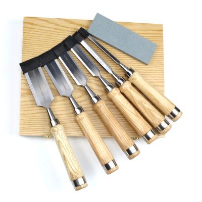 China Hand carving & Machine Carving 6pcs Wooden Handle Straight Flat Wood Chisels With Wooden Case Packing And Sharpening Stone for sale