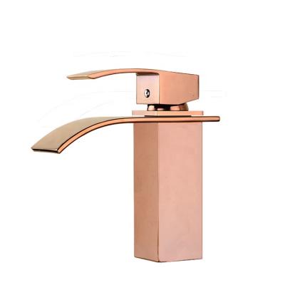 China Modern Commercial Bathroom Basin Mixer Taps Metered Taps Square Mounted Gold Waterfall Faucet for sale