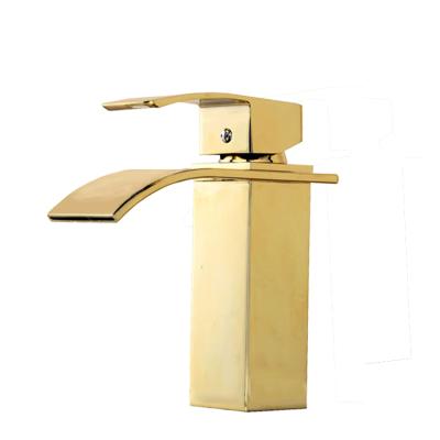 China Square Brass Waterfall Finish Faucets Bathroom Basin Sink Gold Metered Faucet for sale