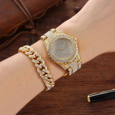 China Day/Date Hip Hop Bling Iced Out Crystal Cuban Chain Miami Zircon Men's Watch&Bracelet Set For Women Jewelry for sale