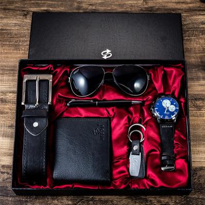 China Day/Date Mens Watch Sunglasses Set Watches Japan Movement Quartz Watches Wallet Belt 6pcs/set With Gift Box for sale