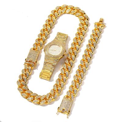 China Day/Date Quartz Bling Watch Iced Out Big Heavy Miami Link Chain Necklace Bracelet 3pcs Cuban Watch Set For Men Hip Hop Jewelry for sale