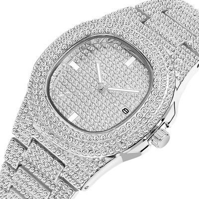 China Luxury HIP HOP Top Brand Day/Date Iced Out Silvery Fake Diamond Quartz Watch For Men Male Calendar for sale