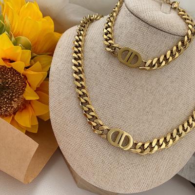 China 2021 CLASSIC Hip Hop Gold Chunky Stainless Steel Choker Chain Necklace Bracelet Woman Jewelry Sets for sale