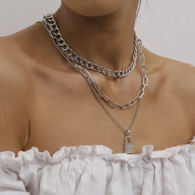 China Hiphop Layered Chain Necklace Neck Chains Lock Pendant Jewelry For Aesthetic Jewelry Punk Grunge Goth Padlock Women Headscarf Accessories for sale