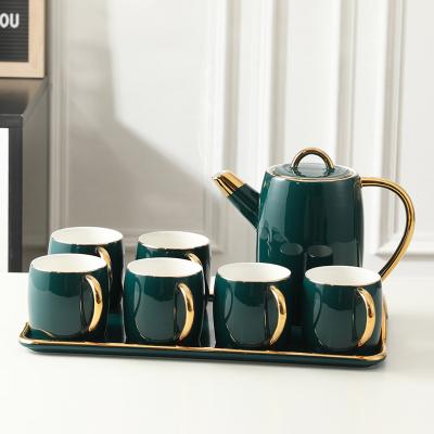 China Viable Arab Saudi Arabian Middle East Gold Edge Tea Coffee Set Green Glazed Ceramic Jug Set Afternoon Tea Cup Set for sale