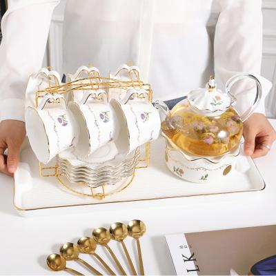 China New Design Teaware Porcelain Teapot Cup And Saucer Luxury Glass Teapot Viable Drinkware Ceramic Coffee Cups Tea Set With Bracket for sale