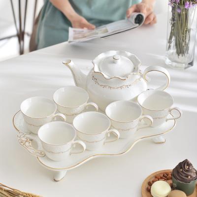 China Stocked European Royal White And Gold Embossed Ceramic Luxury Porcelain Teapot And Coffee Cup Sets Tea Sets With Tray for sale