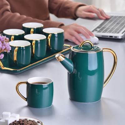 China Viable Western Green Glazed Decorative Ceramic Coffee Mug Gold Rim Coffee Tea Set Home Ceramic Coffee Mug Set for sale