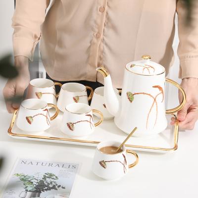 China Viable Gold Luxury Rim Style Coffee Mugs Afternoon Tea Coffee Porcelain Ceramic Tea Sets Coffee Tea Sets With Tray for sale