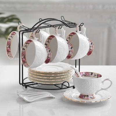 China Viable Hot Sale 6 Pcs Cups And Saucers Gold Printed Ceramic Teapot Set Royal Luxury Coffee Tea Set Coffee Cup And Saucer Set for sale