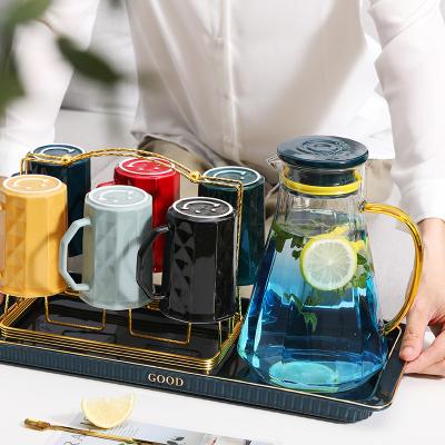 China Newly Designed Stored Water Cup Set Carafe Heat Resistant Stove Top Borosilicate Glass Tea Kettle Pitcher With Ceramic Water Cup for sale