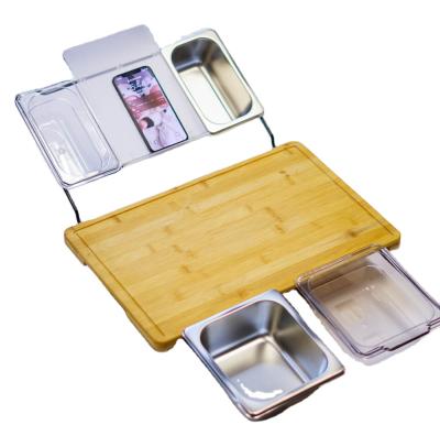 China Viable high quality natural bamboo cutting board chopper with stainless steel/plastic drawer for sale