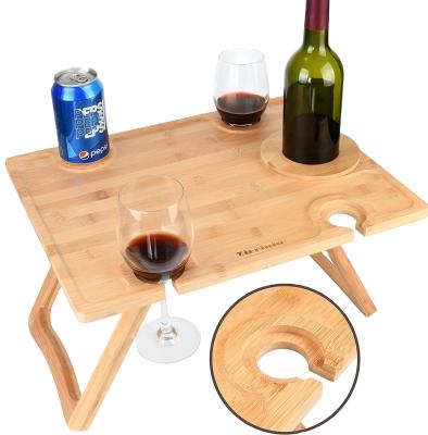 China Chinese Custom Portable Bamboo Wine Picnic Snack Table With Bottle And Glass Holder for sale