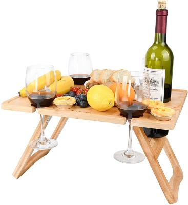 China Collapsible Adjustable Outdoor Folding Portable Large Bamboo Picnic Table Snacks and Cheese Tray with 4 Wine Glass Holder for sale