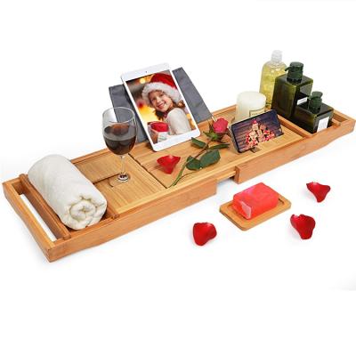 China High Quality Extended Bamboo Bathroom Tub Caddy Tray With Book Stand And Wooden Wine Rack Stand Viable for sale