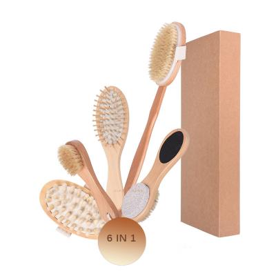 China Sustainable Natural Bristles Body Scrub Bamboo Bath Brush 6 In 1 Set for sale