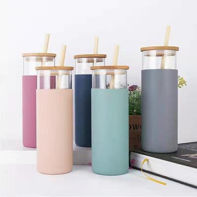 China Wholesale Custom Stocked BPA Free Eco-Friendly Borosilicate Glass Bamboo Water Bottle With Straw Bamboo Lid for sale