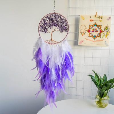 China Dropshipping Handmade Purple Decor Indian Rose Dreamcatcher Rose Blue Feather Amethyst Catchers With Crystals for sale