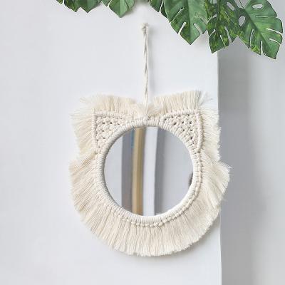 China 2022 Handmade Bohemian Macrame Cat Makeup Mirror Wall Hanging Home Decor For Bathroom Living Room for sale