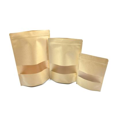 China Recyclable Brown Kraft Coffee Paper Bags Resealable Ziplock Stock Snack Bags With Clear Window Pocket Zipper Condiment Pouch Bag for sale