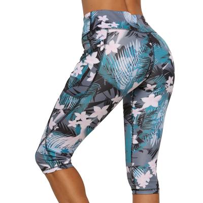 China 2022 New Design Sports Women Cropped Pants Breathable High Waist Hip Elastic Pants Tie Dye Gaiters Floral Pocket for sale