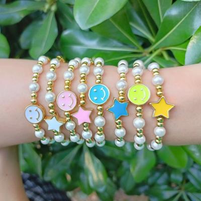 China Cute high quality dripping face star pentagon smiling bracelet Europe and America beaded copper bead bracelet hot sale wholesale for sale