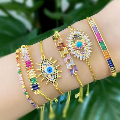 China Thin 18k Gold Thin Layer 18k Gold Zircon Rainbow Stone CZ Bar Evil Eye Stone Bracelet Colorful Adjustable Jewelry FASHIONABLE Chains for sale