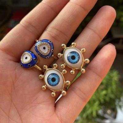 China Hot TRENDY on Amazon Wholesale Copper 18k Gold Plated Evil Eyes Ring Adjustable Blue Horus All Seeing Evil Eyes Ring for sale