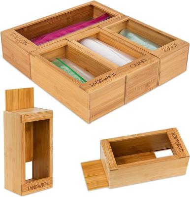 China Sustainable Bamboo Zip Lock Bag Storage Organizer And Dispenser For Kitchen Drawer With Removable Back for sale