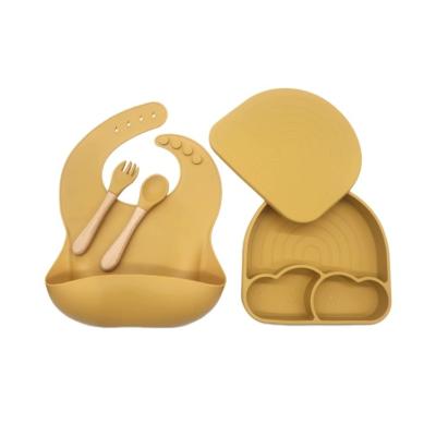 China 4pcs Sustainable Baby Silicone Feeding Set Toddler Plates Baby Bib Silicone Spoon Fork Toddler Plates With Suction Utensils Toddlers for sale