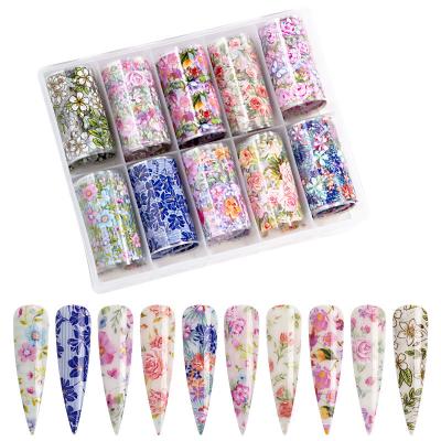 China 10pcs Foil Nail Set Nail Transfer Paper Transfer Art Stickers Flower Print Nail Art Supplies Transfrt Stickers for sale