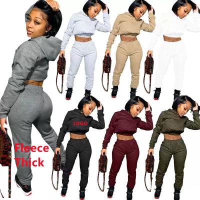 China 2021Thick Clothing Breathable Crop Drop Women's Solid Color Sweatsuit Drawstring Top Sweatpants And Hoodie Set Jogging Suit for sale