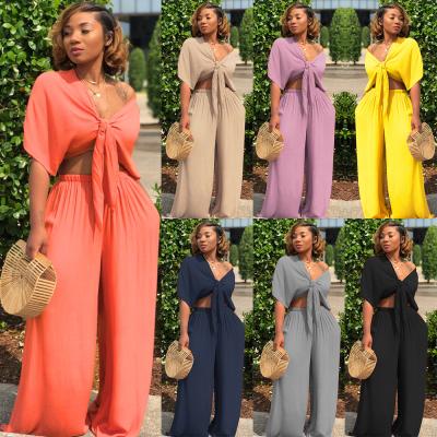 China 2021 Summer Breathable Hot Selling Cheap Women's Casual Solid Color Two-Piece Wide Leg Pants Set Women for sale