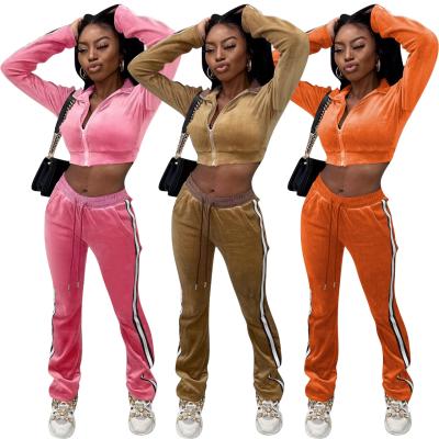 China Spring 2022 New Arrival Anti-pilling Velvet Tracksuit Women Clothes Trial Drawstring Zipper Suits Women Sweatsuit Crop Top 2 Piece Set for sale