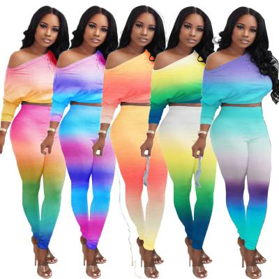 China Anti-pilling fashion slope shoulder gradient color drop clothing for women fall 2021 women's clothing pants two-piece set for sale