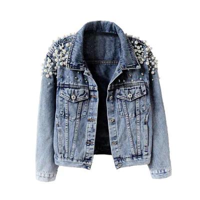 China Womens Basic Coats Womens Viable Denim Jacket Pearl Beading Fashion Jeans Coat Loose Long Sleeve Jackets for sale